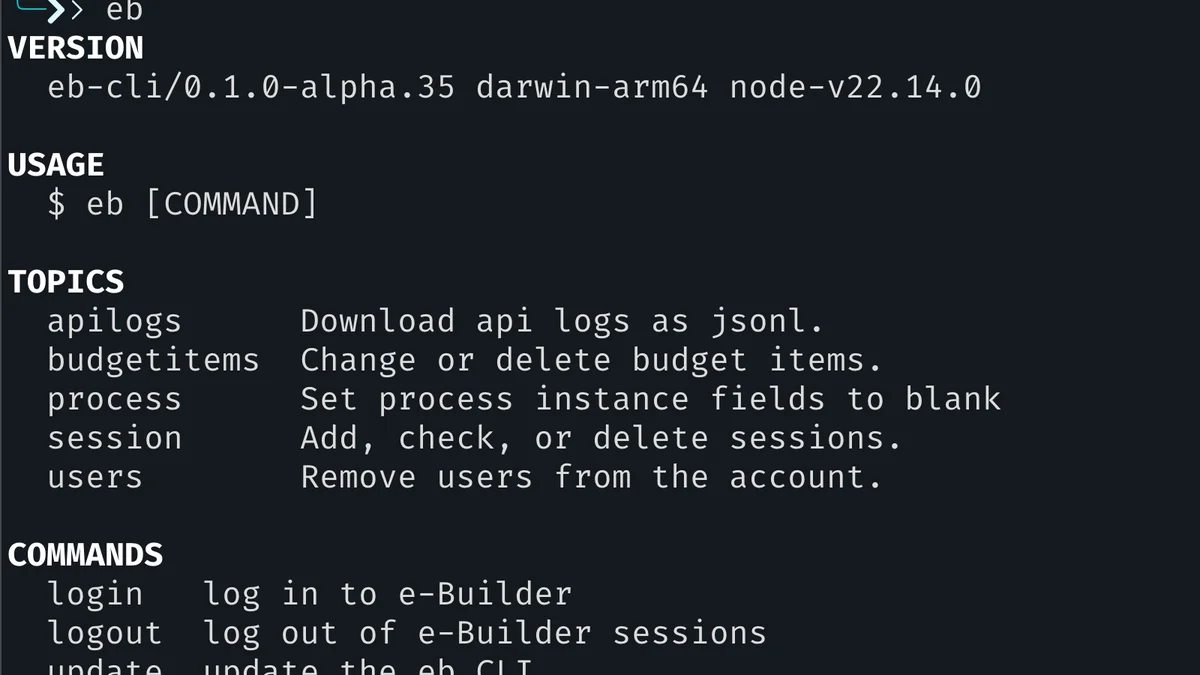 Terminal window showing eB CLI automation process